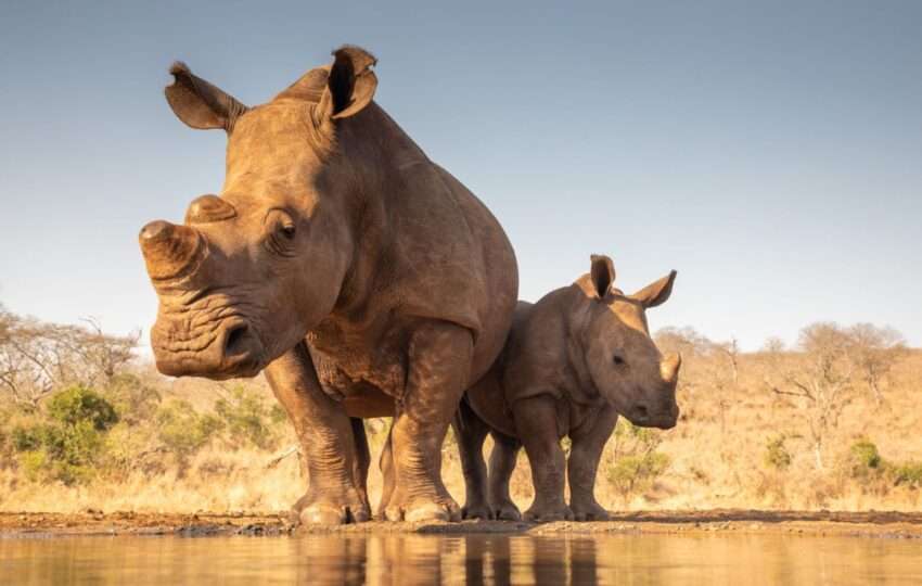 mother and baby rhino getting ready to drink water