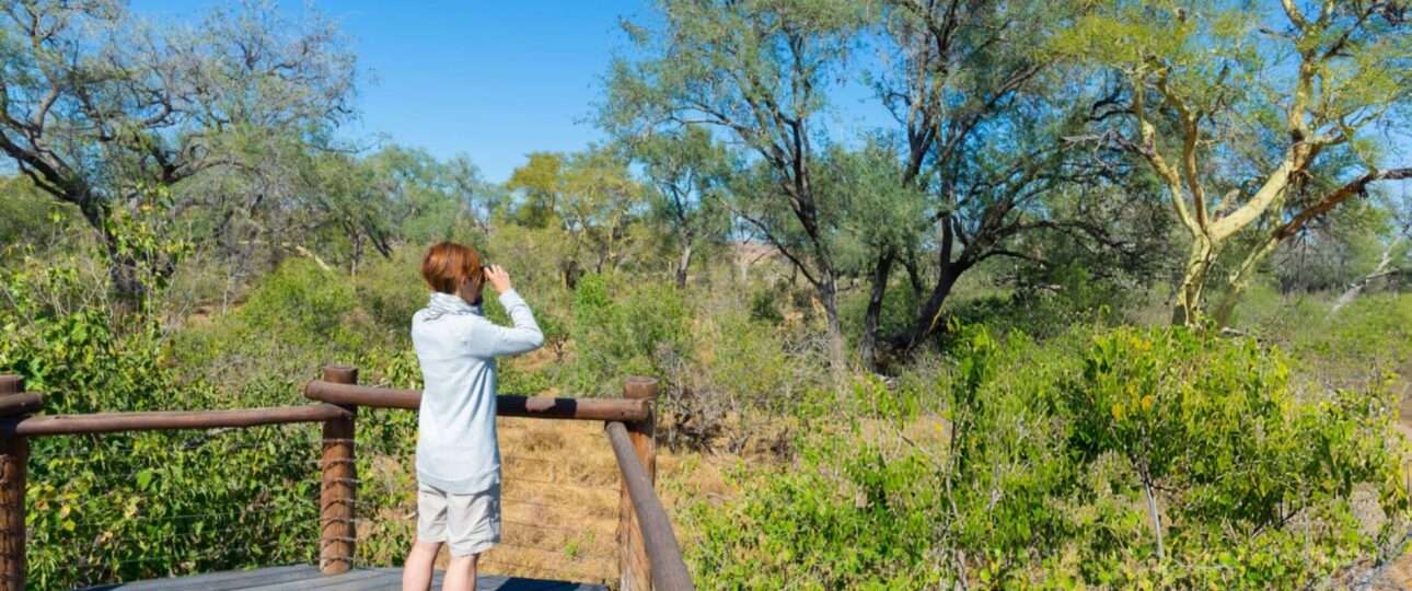 Tourist looking at panorama with binocular from viewpoint over the Olifants river