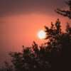 the sun is setting behind some trees
